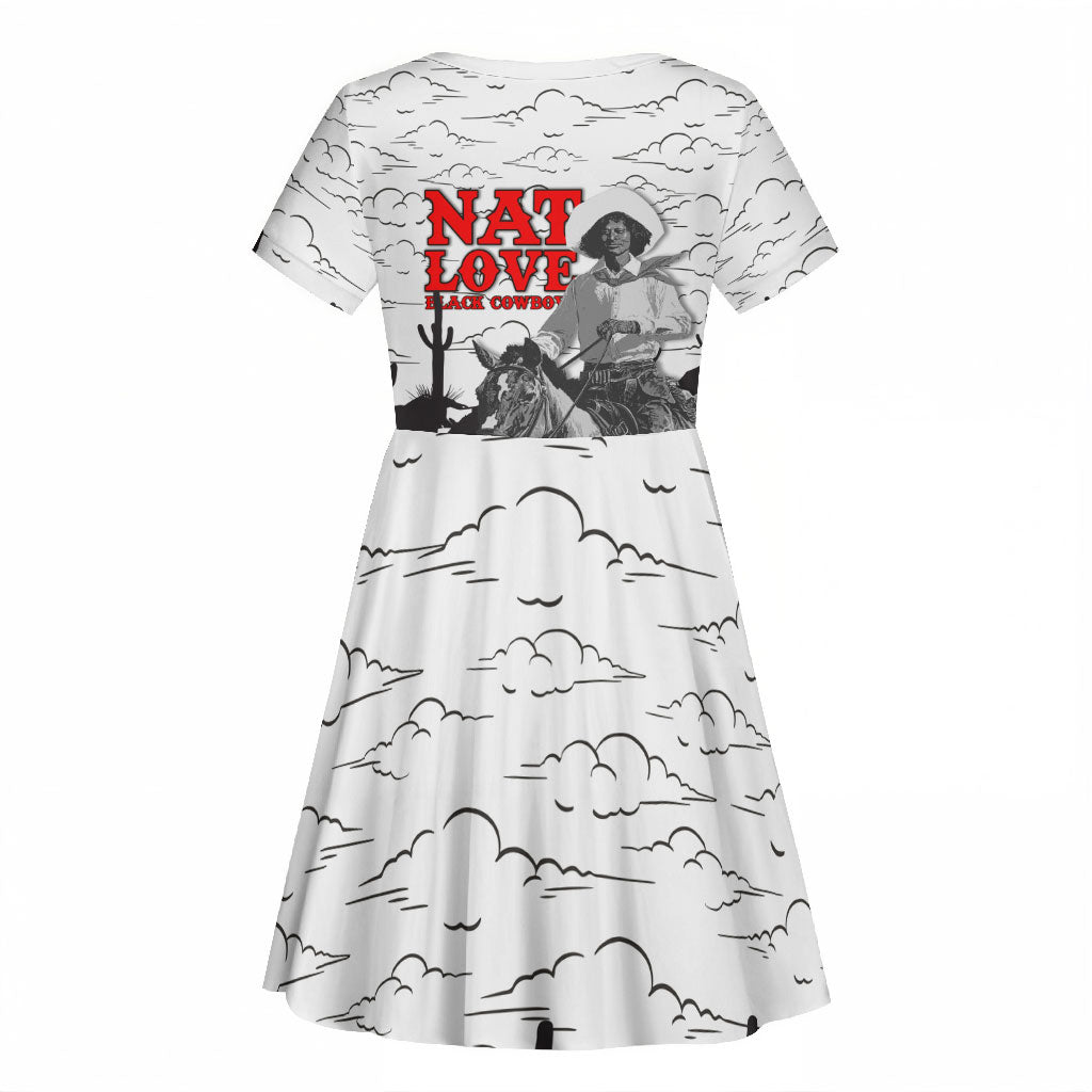 Black Cowboy Nat Love Kid Short Sleeve Dress Comic Style Desert Line Art Red Typography