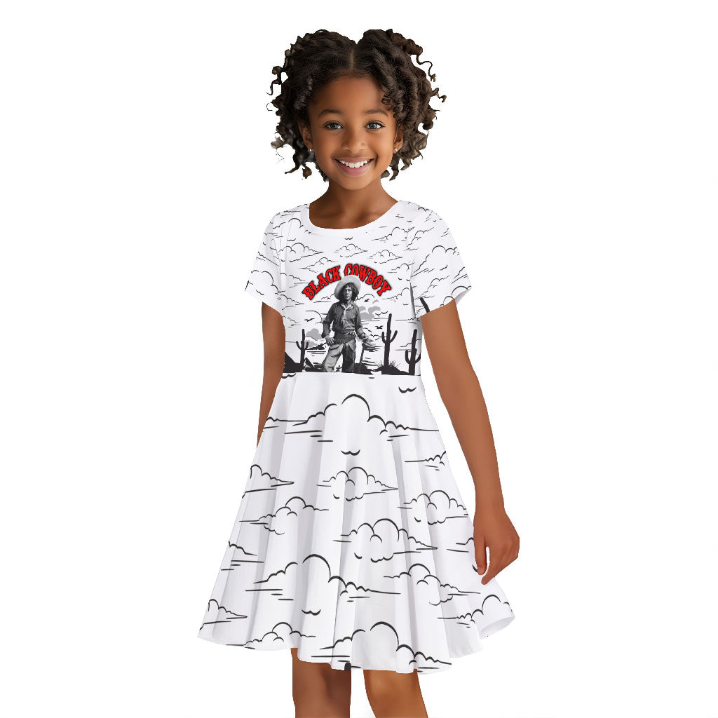 Black Cowboy Nat Love Kid Short Sleeve Dress Comic Style Desert Line Art Red Typography