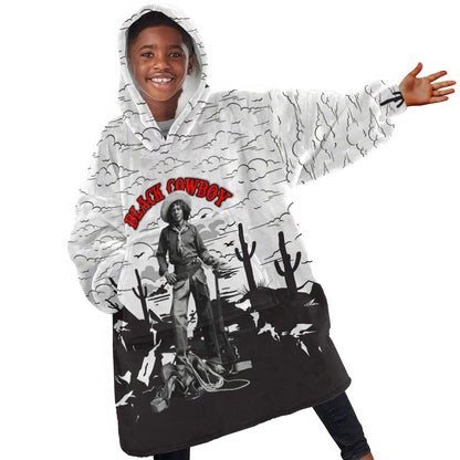 Black Cowboy Nat Love Kid Wearable Blanket Hoodie Comic Style Desert Line Art Red Typography