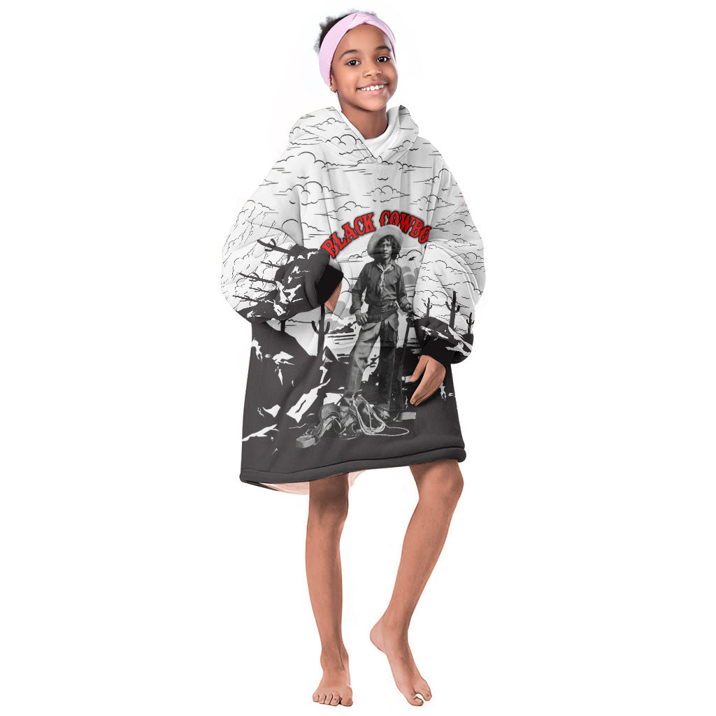 Black Cowboy Nat Love Kid Wearable Blanket Hoodie Comic Style Desert Line Art Red Typography