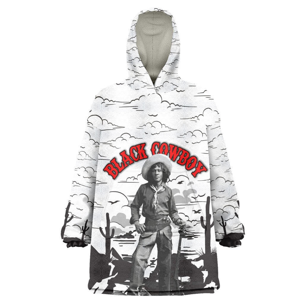Black Cowboy Nat Love Kid Wearable Blanket Hoodie Comic Style Desert Line Art Red Typography