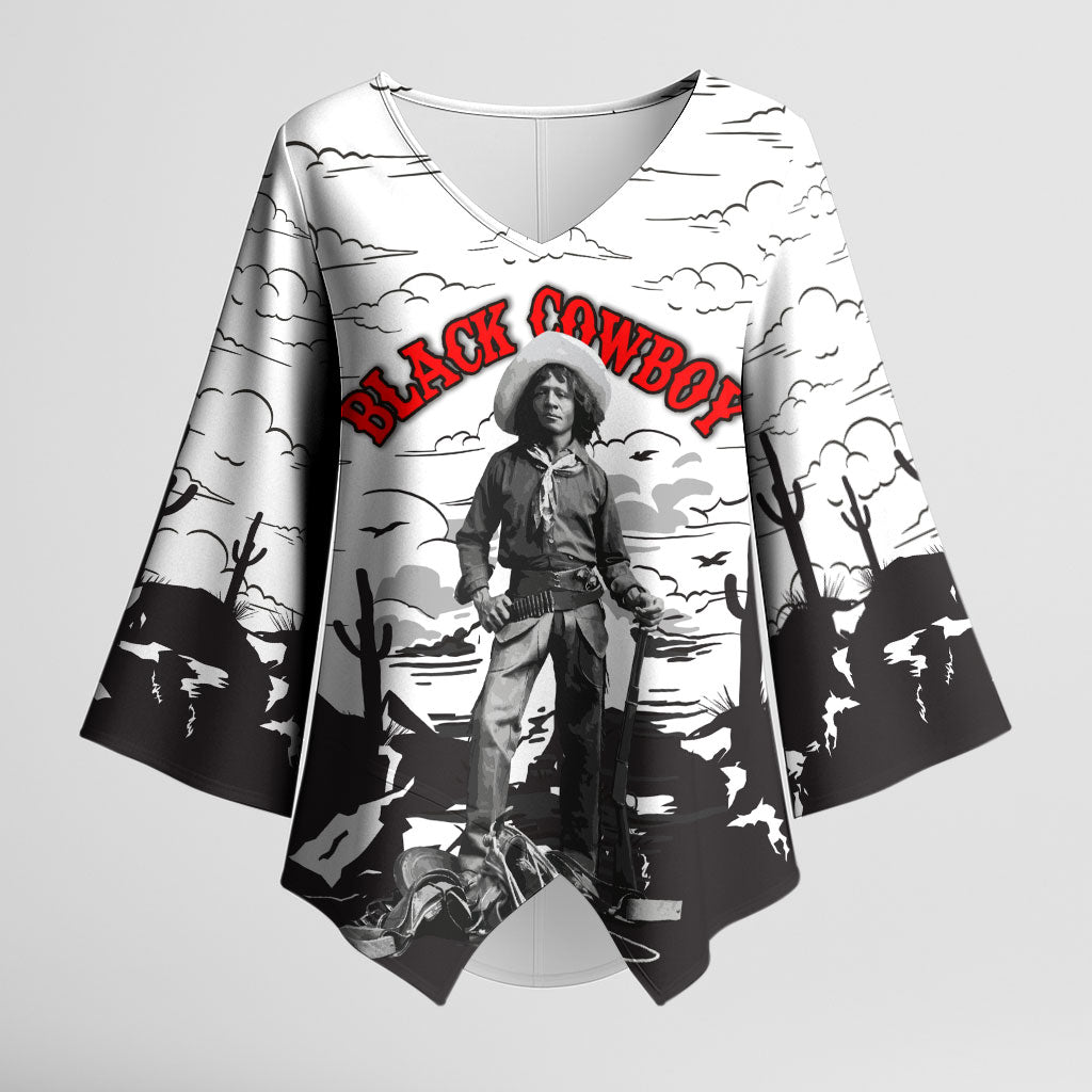 Black Cowboy Nat Love Kimono Sleeve Blouse Comic Style Desert Line Art Red Typography