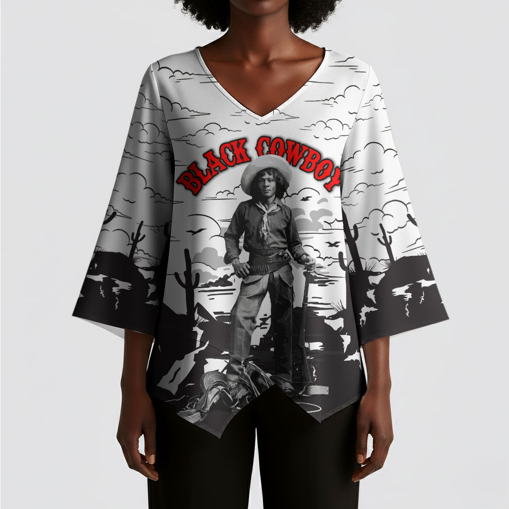 Black Cowboy Nat Love Kimono Sleeve Blouse Comic Style Desert Line Art Red Typography