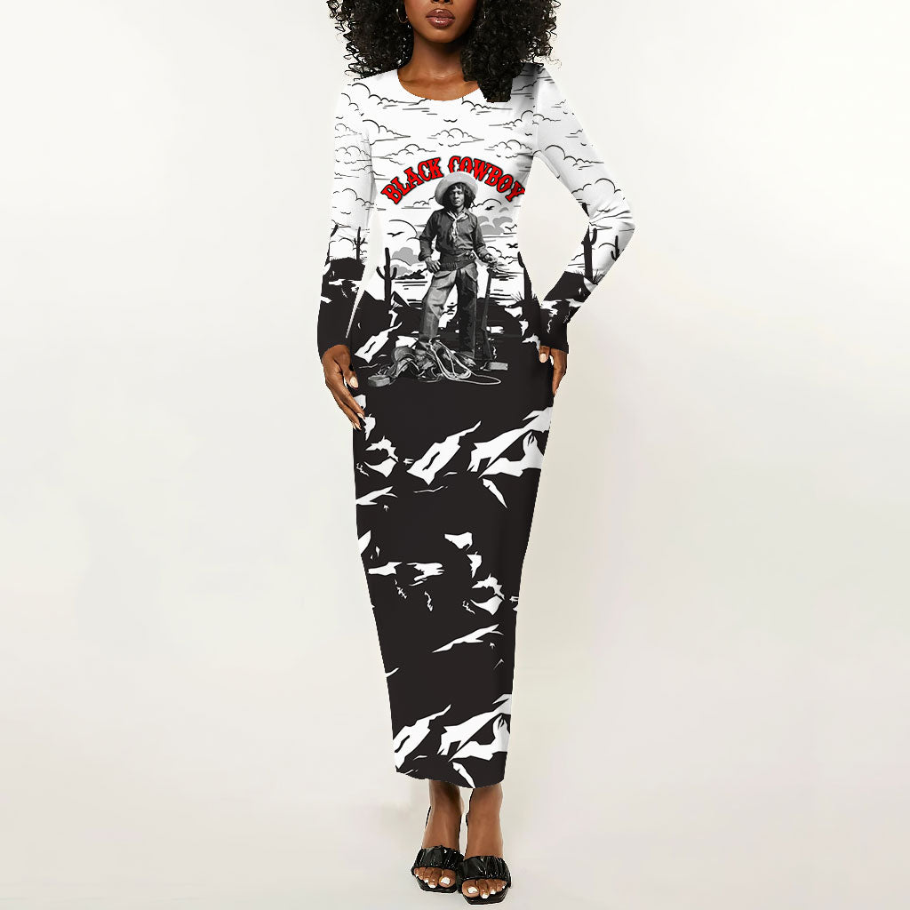 Black Cowboy Nat Love Long Sleeve Bodycon Dress Comic Style Desert Line Art Red Typography