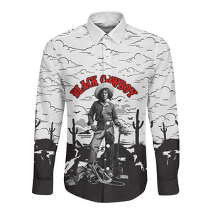 Black Cowboy Nat Love Long Sleeve Button Shirt Comic Style Desert Line Art Red Typography