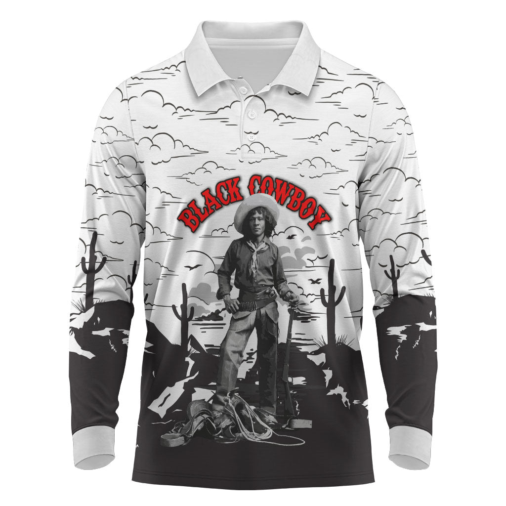 Black Cowboy Nat Love Long Sleeve Polo Shirt Comic Style Desert Line Art Red Typography