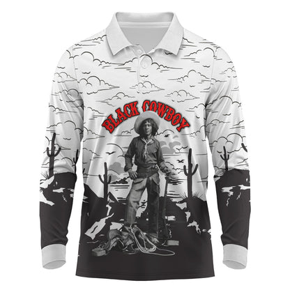 Black Cowboy Nat Love Long Sleeve Polo Shirt Comic Style Desert Line Art Red Typography