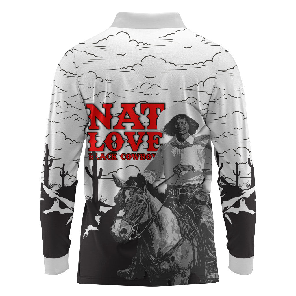 Black Cowboy Nat Love Long Sleeve Polo Shirt Comic Style Desert Line Art Red Typography
