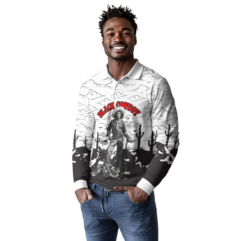 Black Cowboy Nat Love Long Sleeve Polo Shirt Comic Style Desert Line Art Red Typography