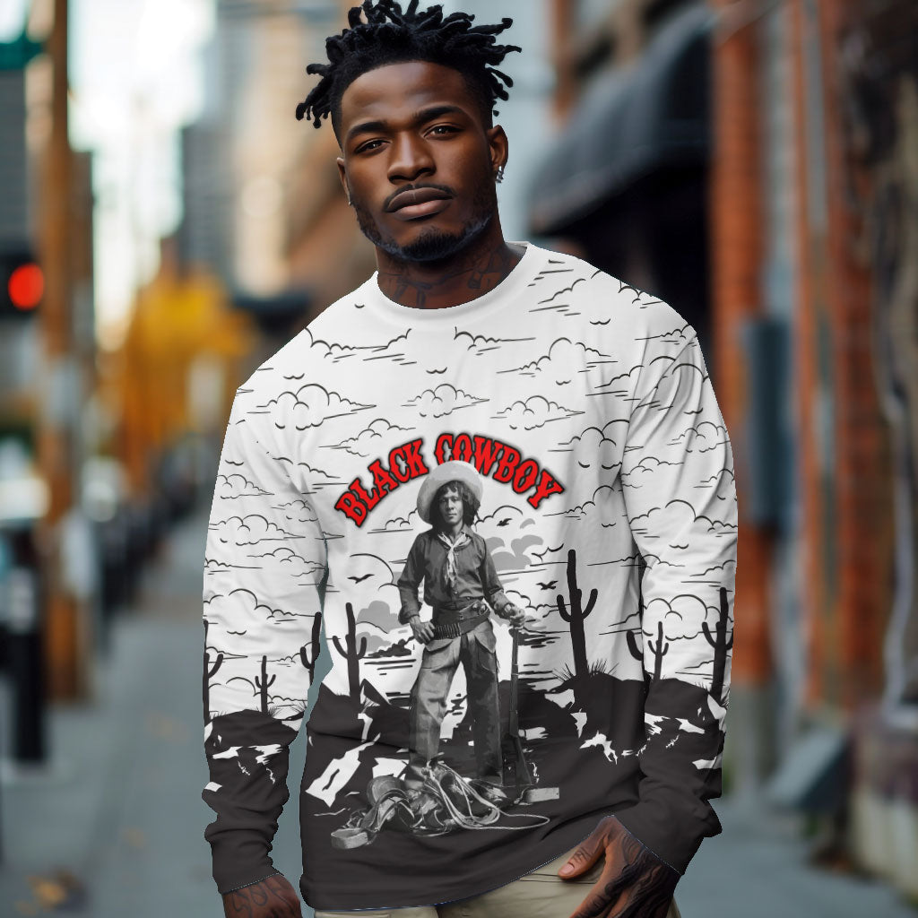 Black Cowboy Nat Love Long Sleeve Shirt Comic Style Desert Line Art Red Typography