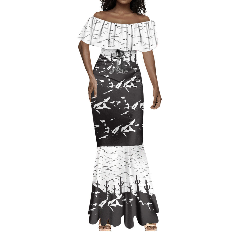 Black Cowboy Nat Love Mermaid Dress Comic Style Desert Line Art Red Typography