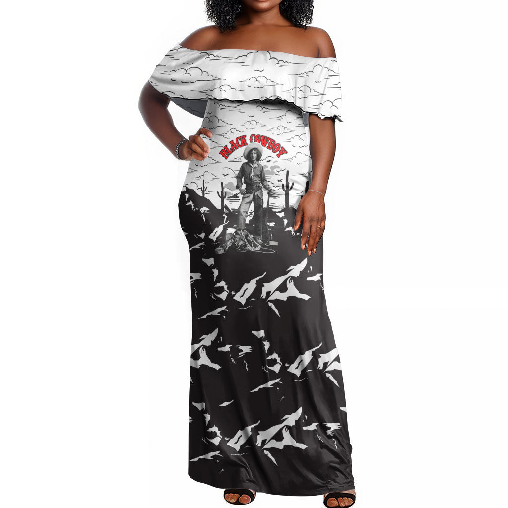 Black Cowboy Nat Love Off Shoulder Maxi Dress Comic Style Desert Line Art Red Typography