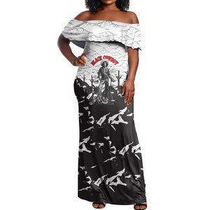 Black Cowboy Nat Love Off Shoulder Maxi Dress Comic Style Desert Line Art Red Typography
