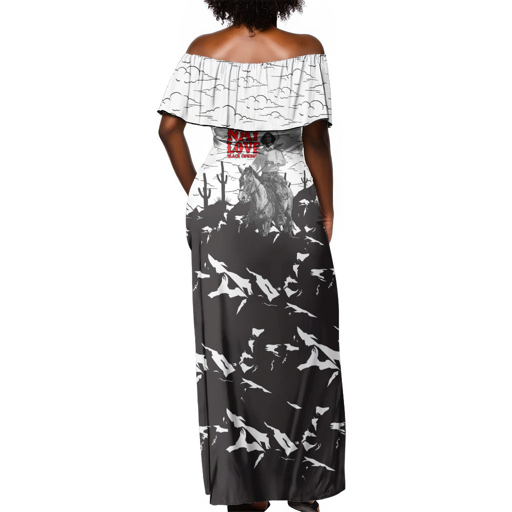 Black Cowboy Nat Love Off Shoulder Maxi Dress Comic Style Desert Line Art Red Typography