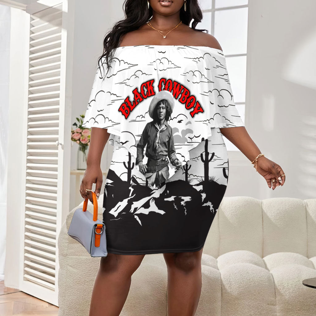 Black Cowboy Nat Love Off Shoulder Short Dress Comic Style Desert Line Art Red Typography