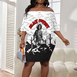 Black Cowboy Nat Love Off Shoulder Short Dress Comic Style Desert Line Art Red Typography
