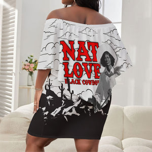 Black Cowboy Nat Love Off Shoulder Short Dress Comic Style Desert Line Art Red Typography