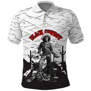 Black Cowboy Nat Love Polo Shirt Comic Style Desert Line Art Red Typography