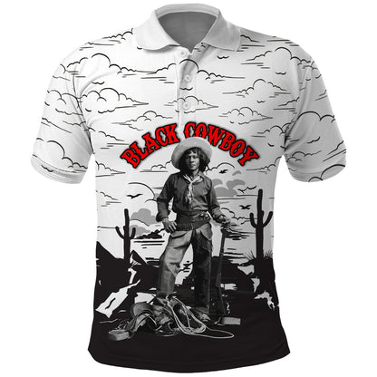 Black Cowboy Nat Love Polo Shirt Comic Style Desert Line Art Red Typography