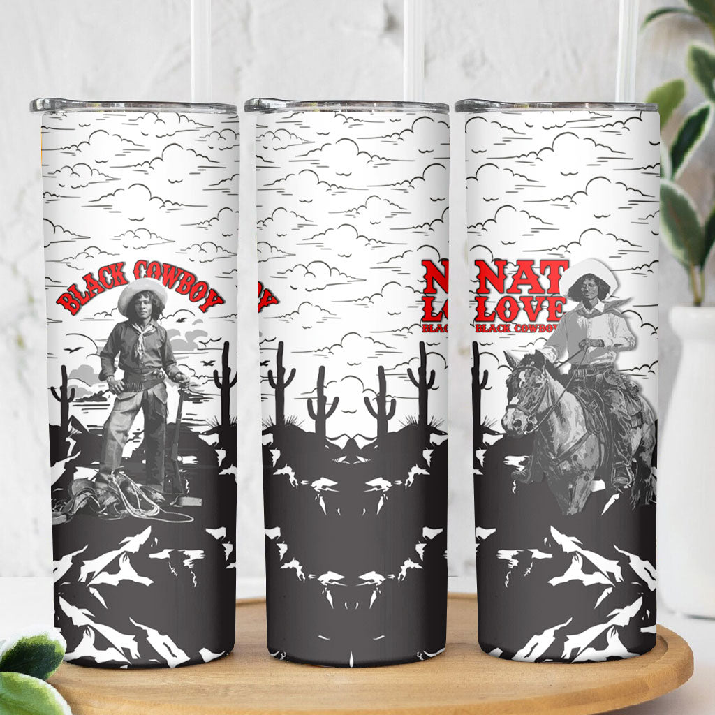 Black Cowboy Nat Love Skinny Tumbler Comic Style Desert Line Art Red Typography