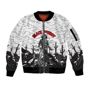 Black Cowboy Nat Love Sleeve Zip Bomber Jacket Comic Style Desert Line Art Red Typography