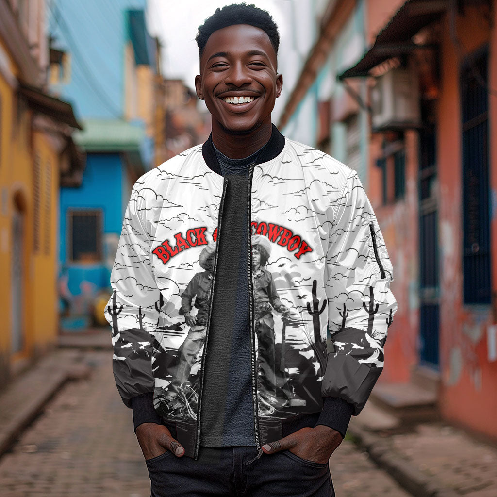 Black Cowboy Nat Love Sleeve Zip Bomber Jacket Comic Style Desert Line Art Red Typography