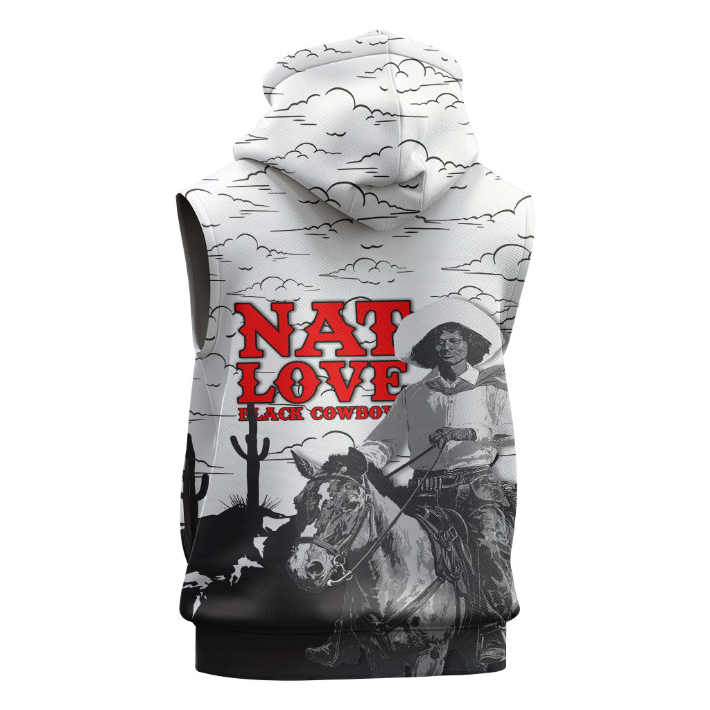 Black Cowboy Nat Love Sleeveless Hoodie Comic Style Desert Line Art Red Typography