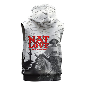 Black Cowboy Nat Love Sleeveless Hoodie Comic Style Desert Line Art Red Typography