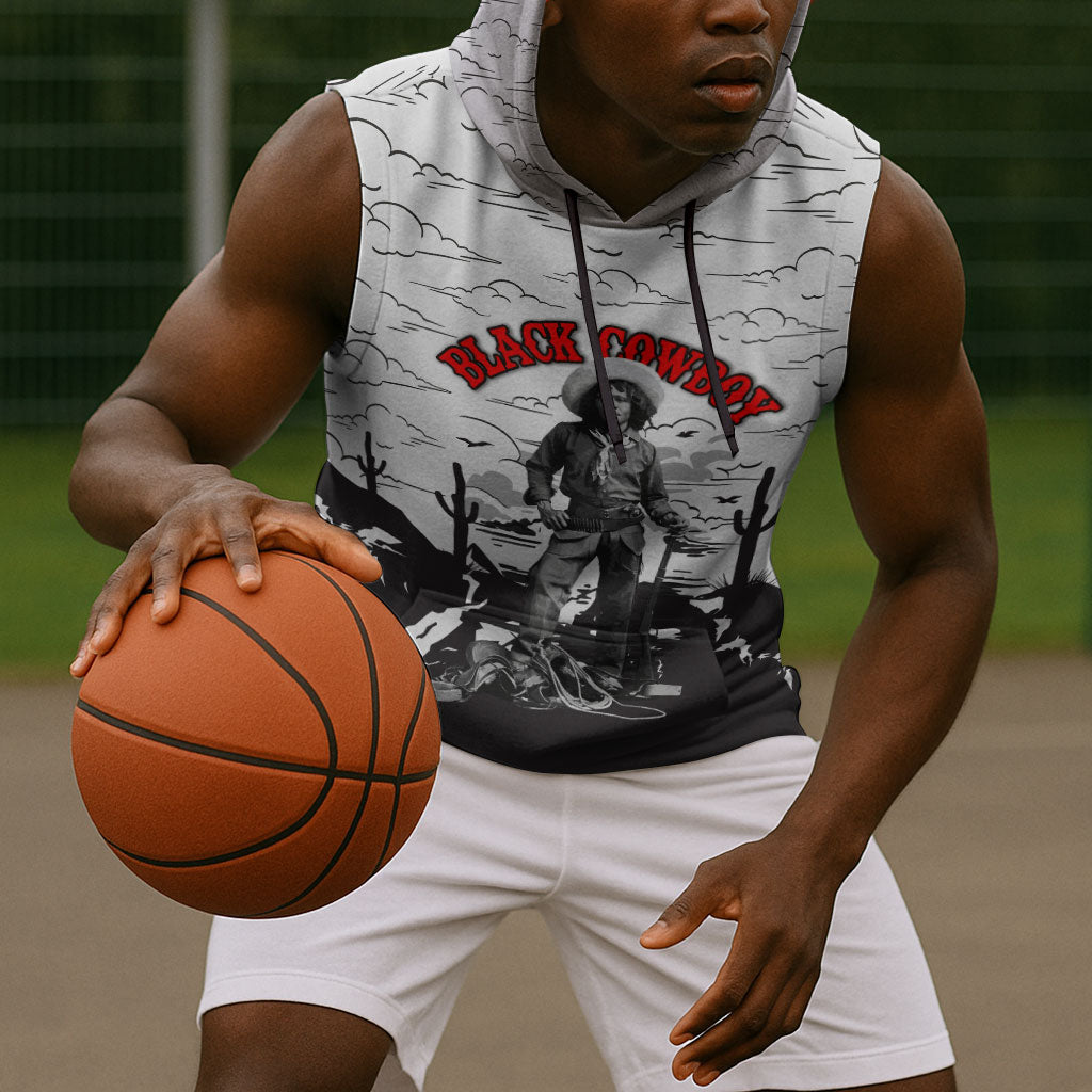 Black Cowboy Nat Love Sleeveless Hoodie Comic Style Desert Line Art Red Typography