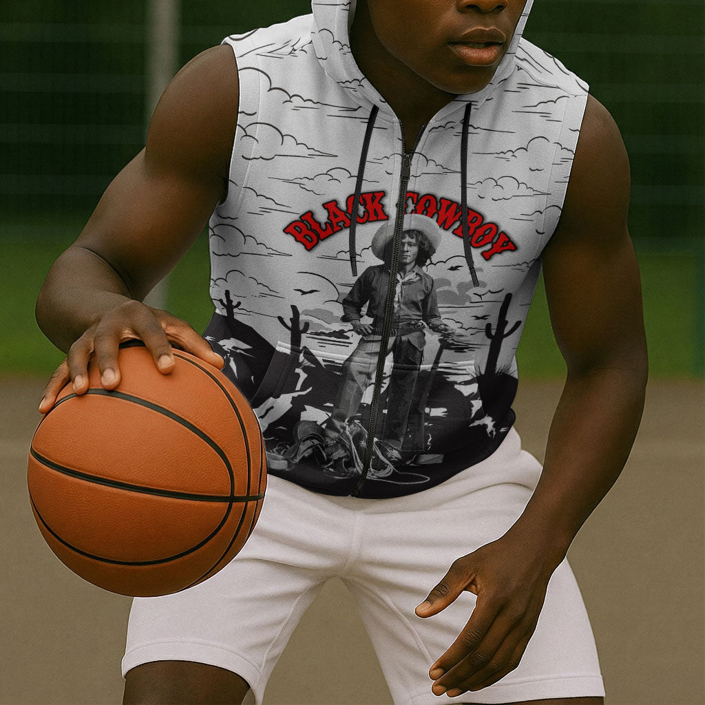 Black Cowboy Nat Love Sleeveless Zip Hoodie Comic Style Desert Line Art Red Typography