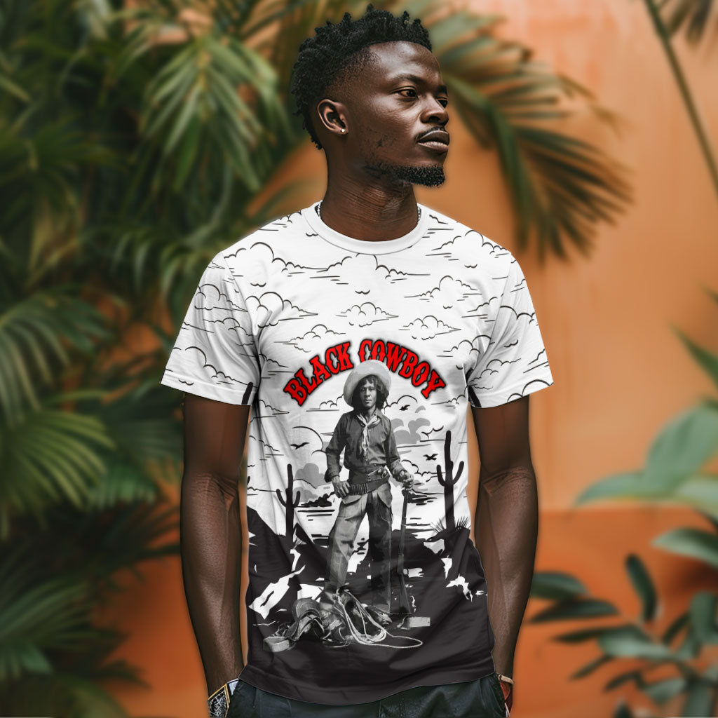 Black Cowboy Nat Love T shirt Comic Style Desert Line Art Red Typography
