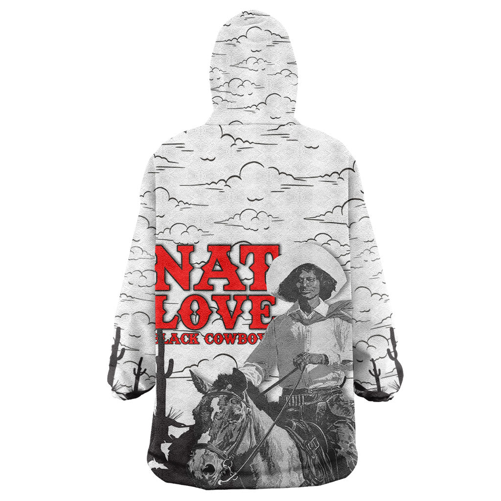 Black Cowboy Nat Love Wearable Blanket Hoodie Comic Style Desert Line Art Red Typography