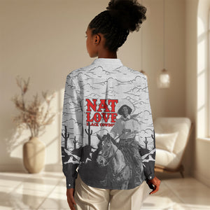 Black Cowboy Nat Love Women Casual Shirt Comic Style Desert Line Art Red Typography