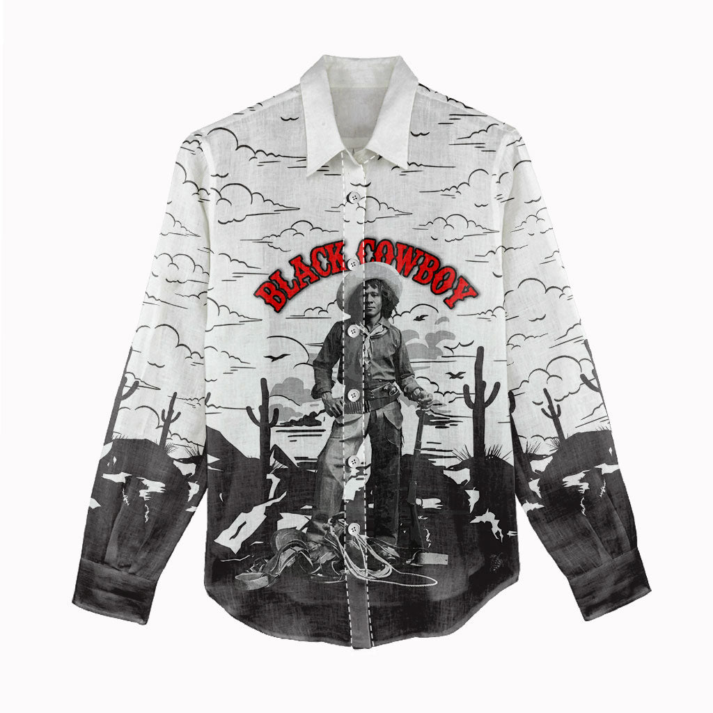 Black Cowboy Nat Love Women Casual Shirt Comic Style Desert Line Art Red Typography