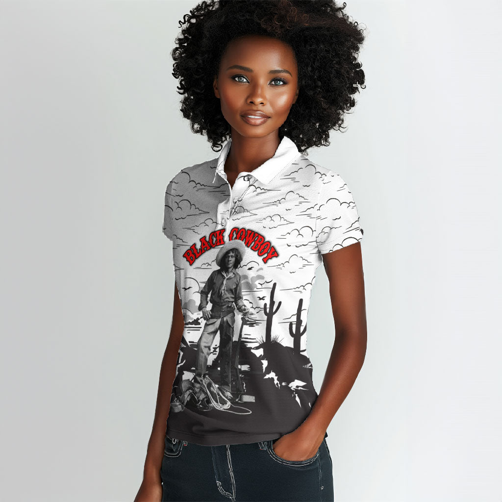 Black Cowboy Nat Love Women Polo Shirt Comic Style Desert Line Art Red Typography