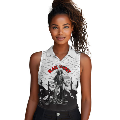 Black Cowboy Nat Love Women Sleeveless Polo Shirt Comic Style Desert Line Art Red Typography