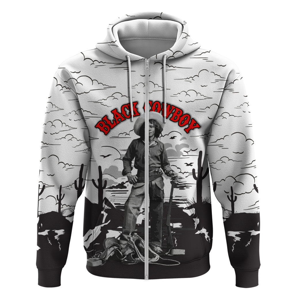 Black Cowboy Nat Love Zip Hoodie Comic Style Desert Line Art Red Typography
