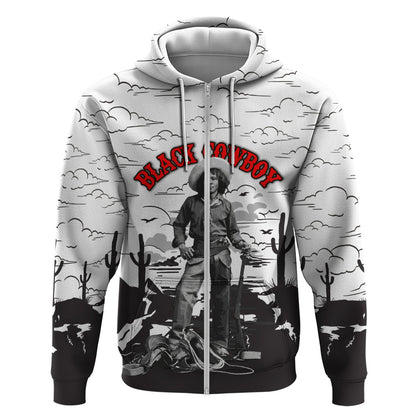 Black Cowboy Nat Love Zip Hoodie Comic Style Desert Line Art Red Typography