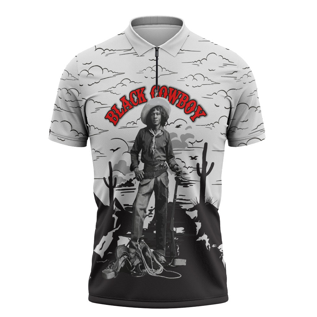 Black Cowboy Nat Love Zipper Polo Shirt Comic Style Desert Line Art Red Typography