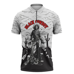 Black Cowboy Nat Love Zipper Polo Shirt Comic Style Desert Line Art Red Typography