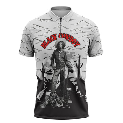 Black Cowboy Nat Love Zipper Polo Shirt Comic Style Desert Line Art Red Typography