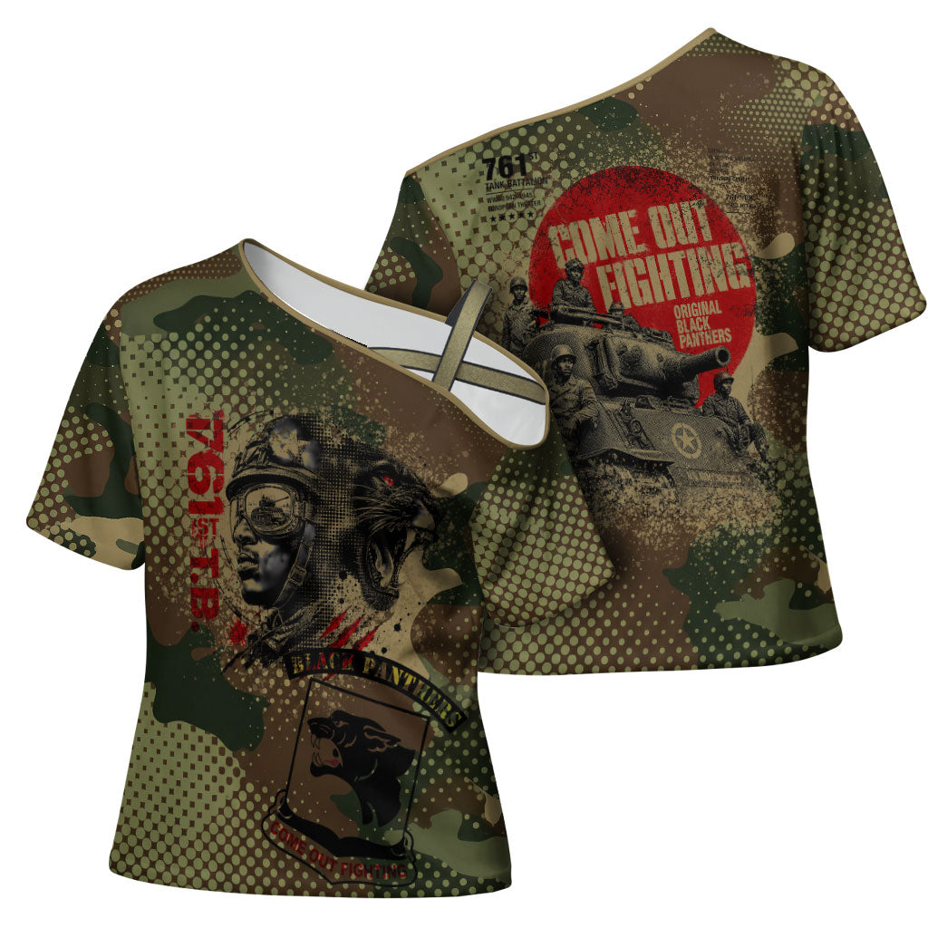 761st Tank Battalion Black Panthers Cross Shoulder Shirt Come Out Fighting Military - Camouflage Halftone