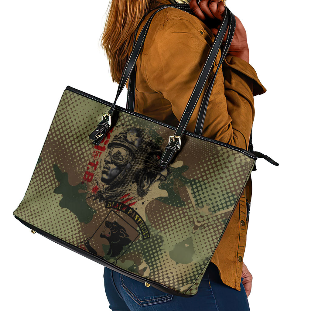 761st Tank Battalion Black Panthers Leather Tote Bag Come Out Fighting Military - Camouflage Halftone