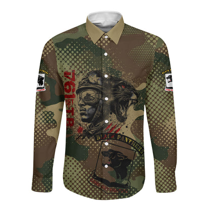 761st Tank Battalion Black Panthers Long Sleeve Button Shirt Come Out Fighting Military - Camouflage Halftone
