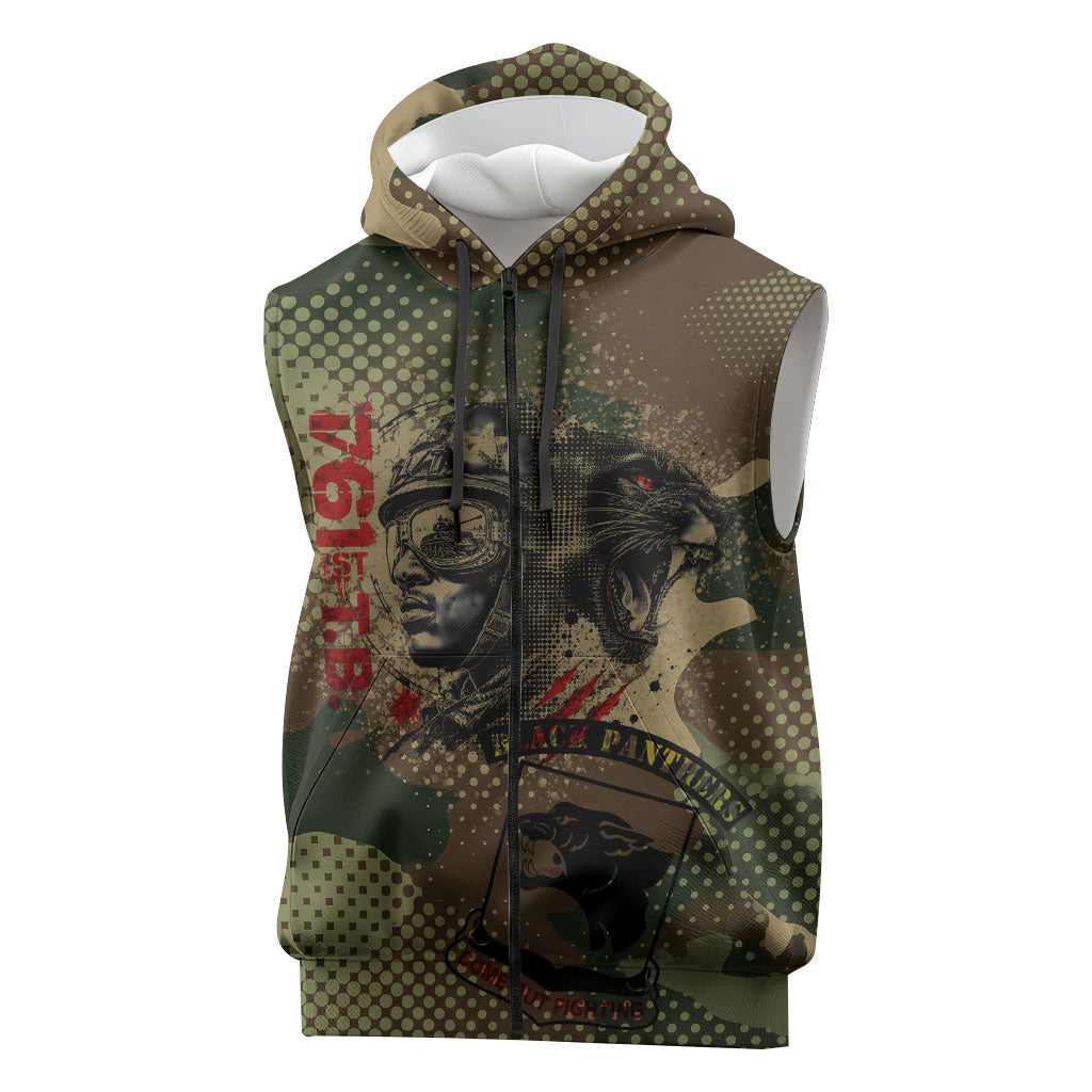761st Tank Battalion Black Panthers Sleeveless Zip Hoodie Come Out Fighting Military - Camouflage Halftone