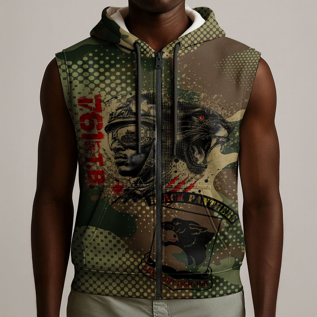 761st Tank Battalion Black Panthers Sleeveless Zip Hoodie Come Out Fighting Military - Camouflage Halftone