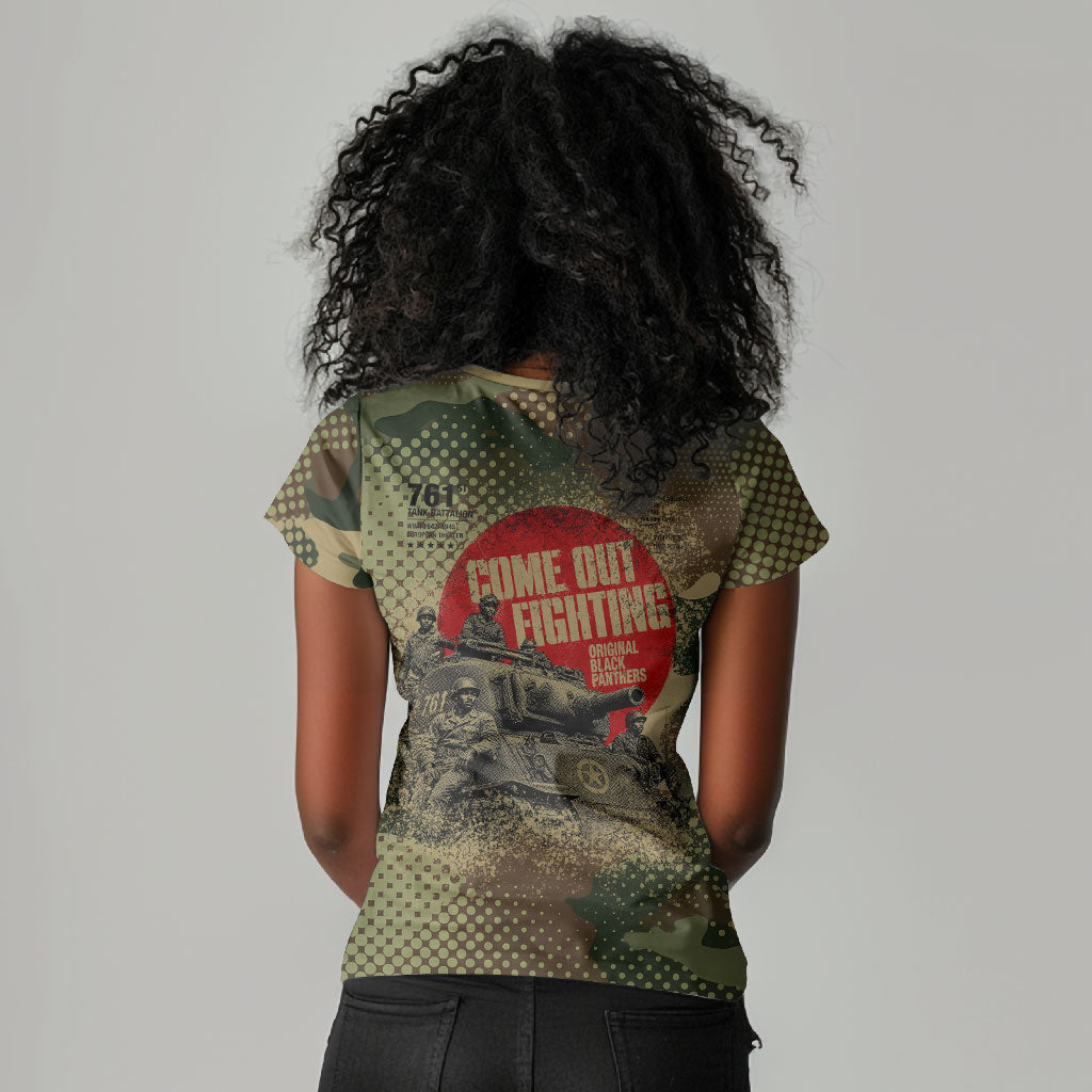 761st Tank Battalion Black Panthers Women V-Neck T-Shirt Come Out Fighting Military - Camouflage Halftone