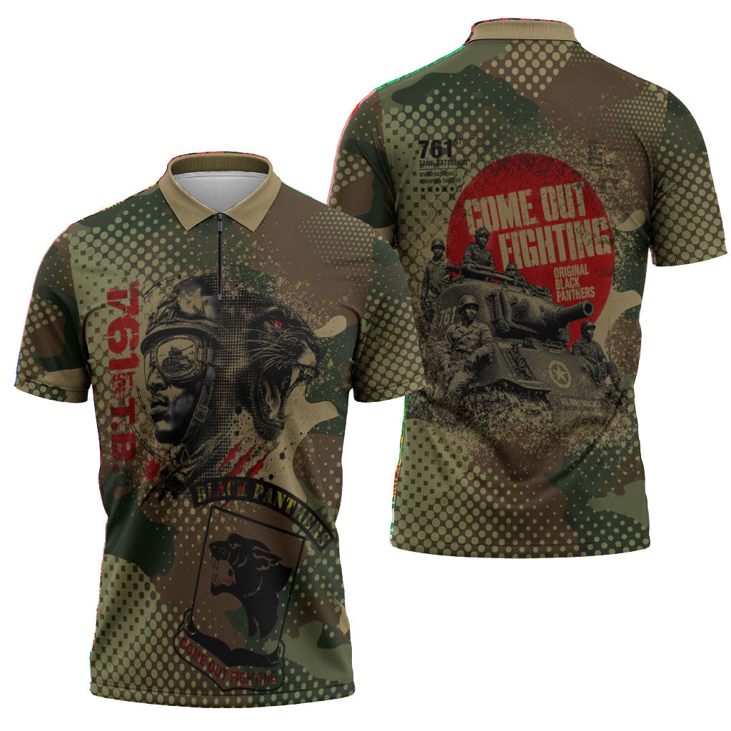 761st Tank Battalion Black Panthers Zipper Polo Shirt Come Out Fighting Military - Camouflage Halftone