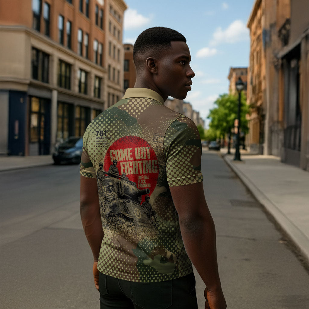 761st Tank Battalion Black Panthers Zipper Polo Shirt Come Out Fighting Military - Camouflage Halftone