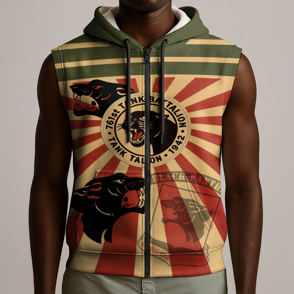 Black Panthers 761st Tank Battalion Sleeveless Zip Hoodie Come Out Fighting Retro Military